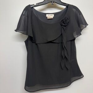 Jessica Black Chiffon Blouse with Floral Accent SIZE 12